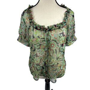 Ann Taylor LOFT Petites Blouse Paisley Boho Ruffle Neck Top Sheer Green Size SP